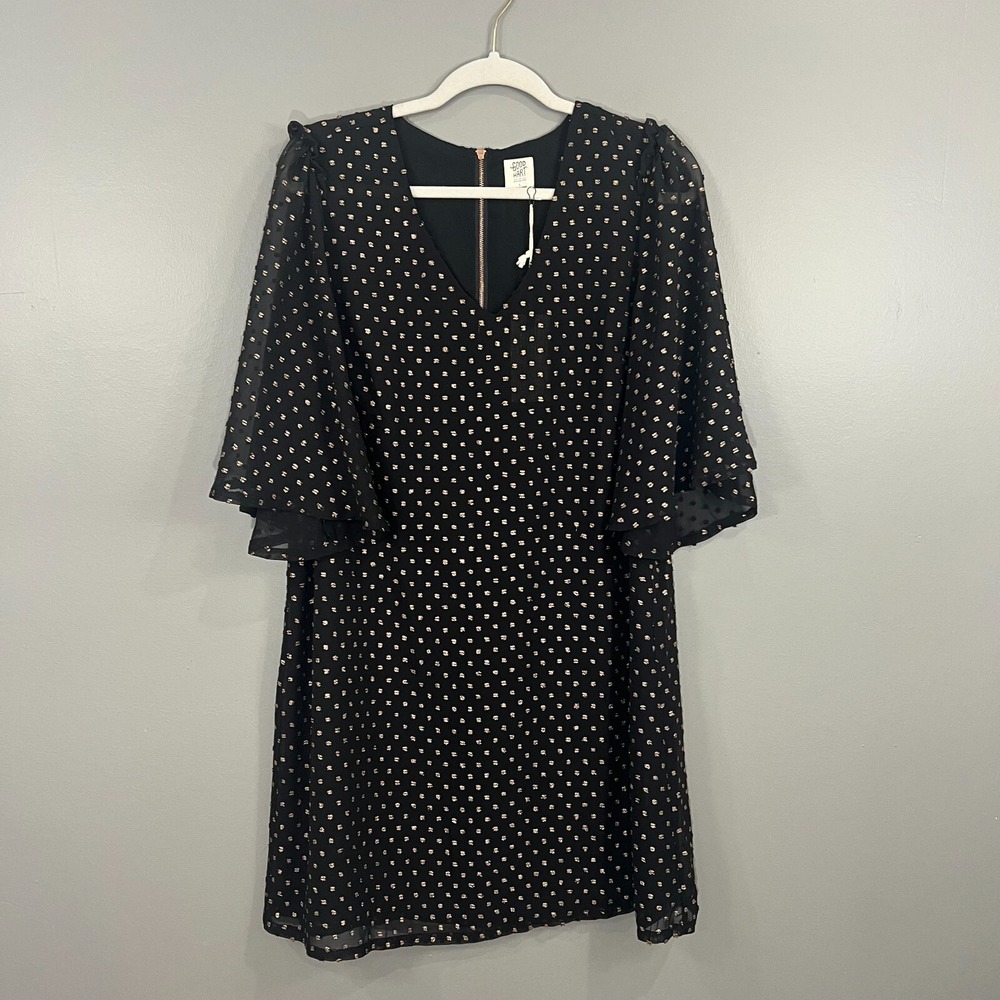 Good Hart by Matilda Jane NWT Black Shift Dress with Gold Dots Sheer Sleeve L